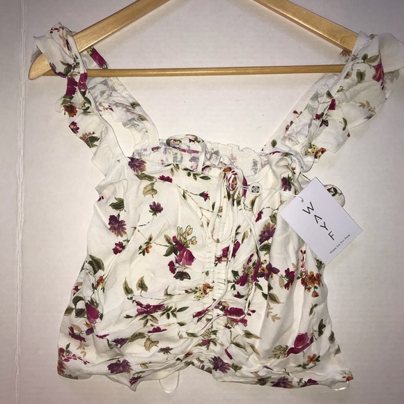 NWT WAYF Floral Print Crop Cold Shoulder Top - Picture 7 of 8